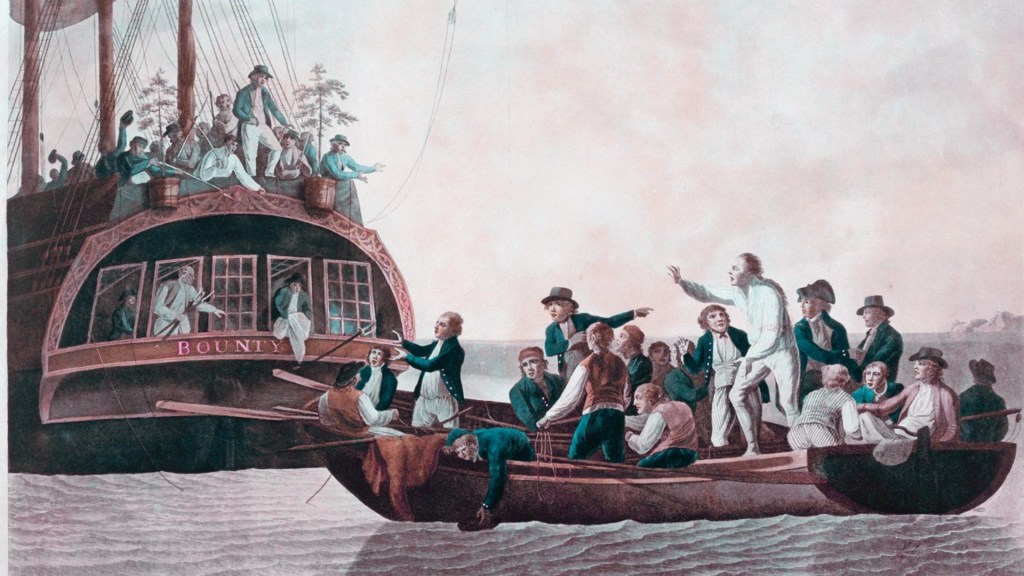 Fletcher Christian and the mutineers set Lieutenant William Bligh and 18 others adrift; 1790 painting by Robert Dodd.