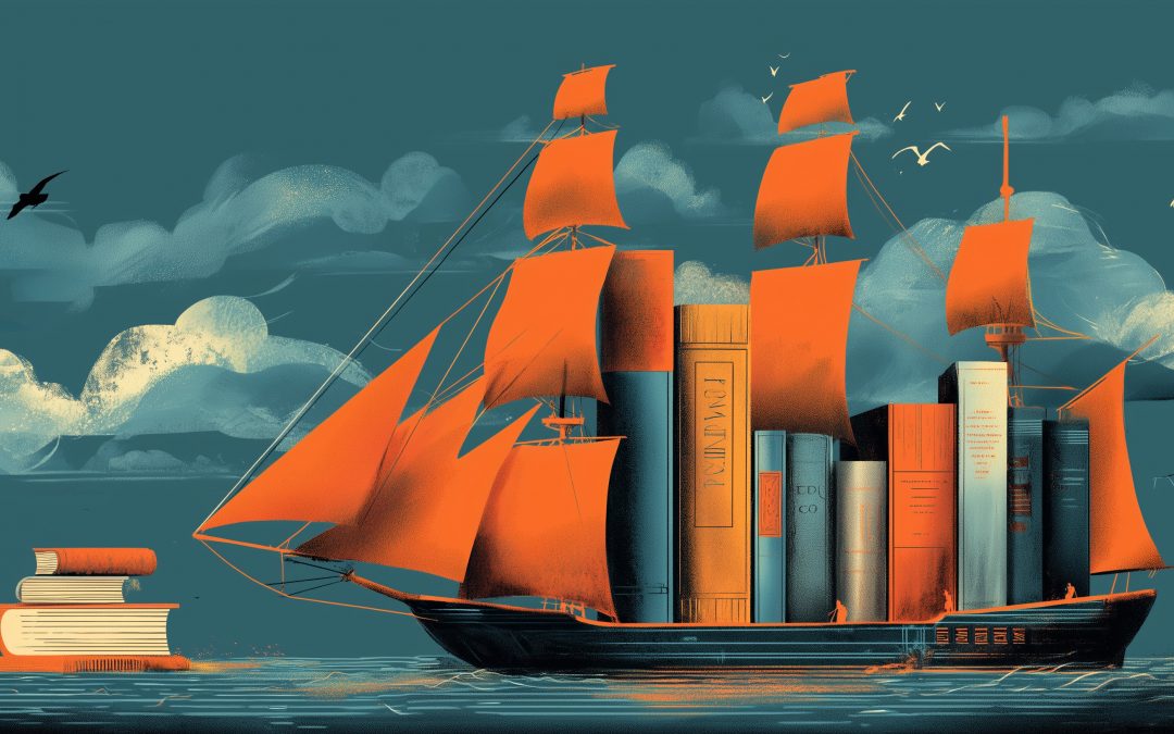 Illustration of a voyaging ship laden with book imagery