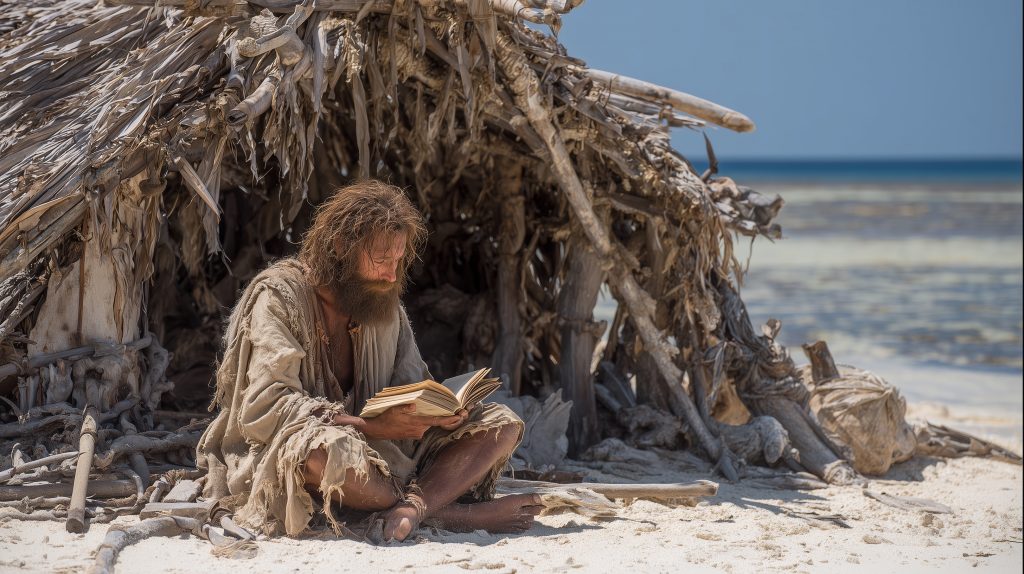 Robinson Crusoe on a remote desert island, sitting on the sand near a makeshift shelter of driftwood and palm leaves. 