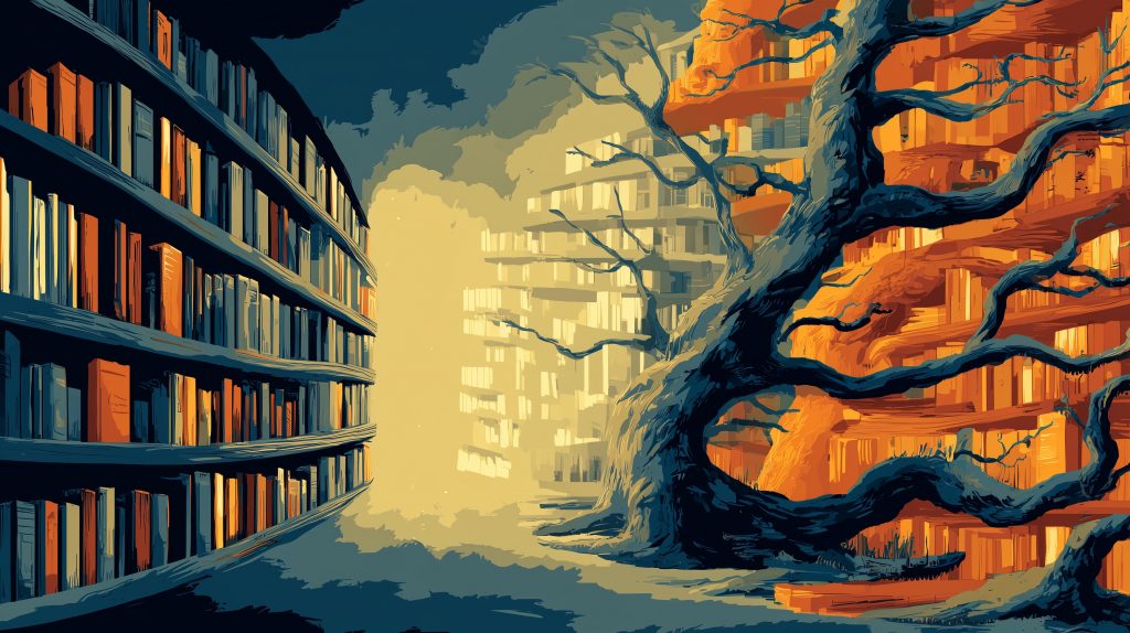 Illustration of a bookshelf that disappears towards the horizon