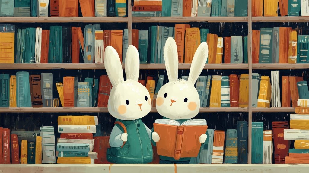 Cartoon rabbits in a book store