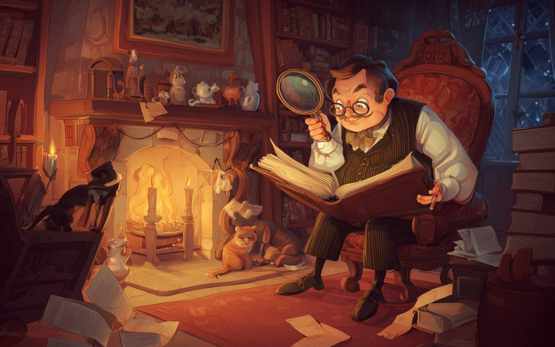 A whimsical Victorian study, warmly lit by a roaring fireplace. A bespectacled Victorian gentleman in a waistcoat and cravat sits in a high-backed chair, reading a large book. He leans forward intently, peering at a tiny footnote through an absurdly oversized magnifying glass.