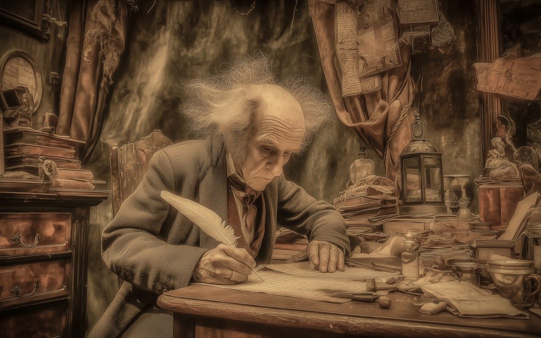 An image of Scrooge at his desk from A Christmas Carol