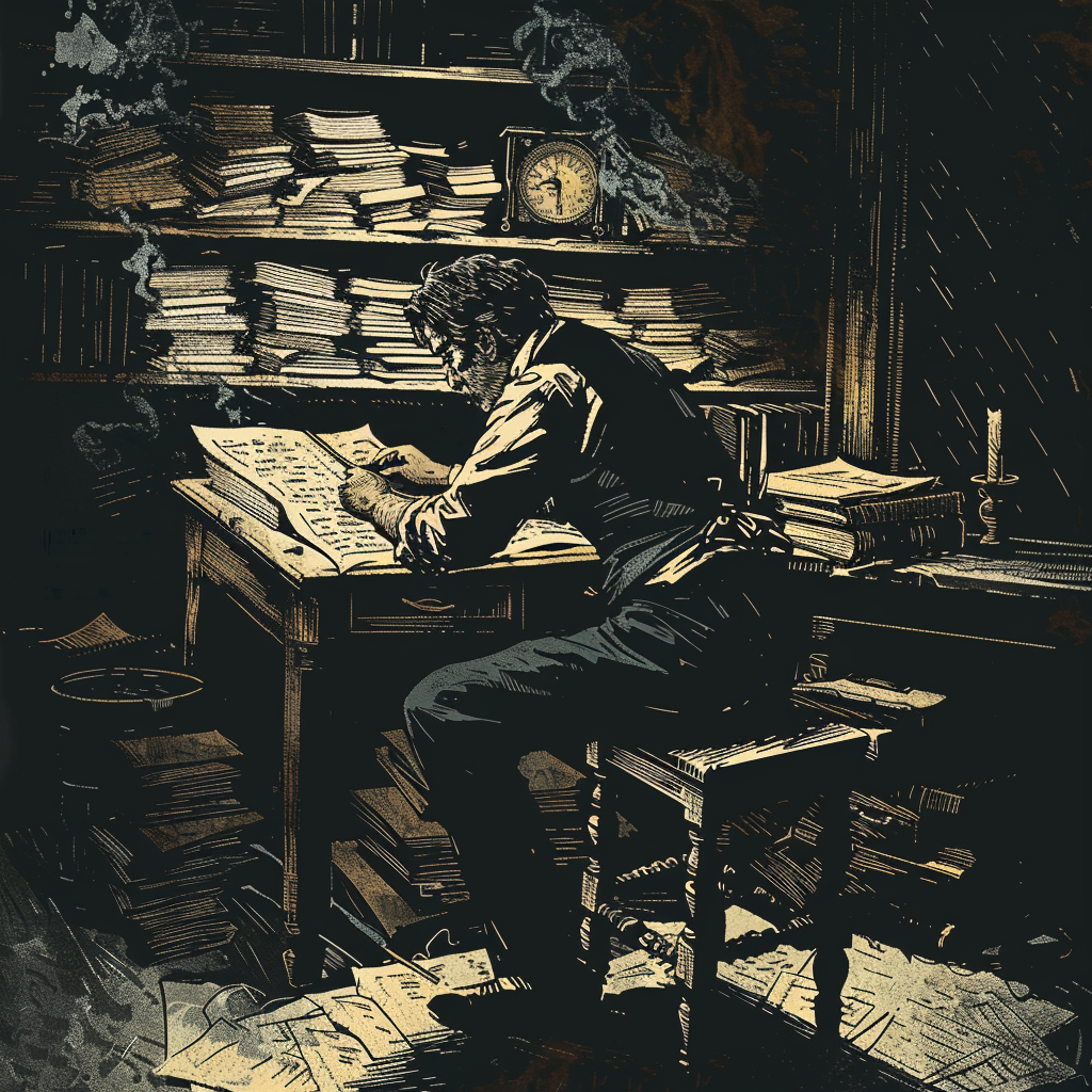 A man works at a Victorian escritoire