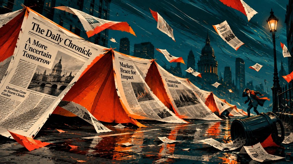 Newspapers flying away in a storm, in graphic art