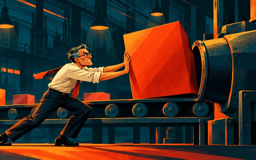 A man tries to push an overlarge object through a narrow tube, illustrating blockage